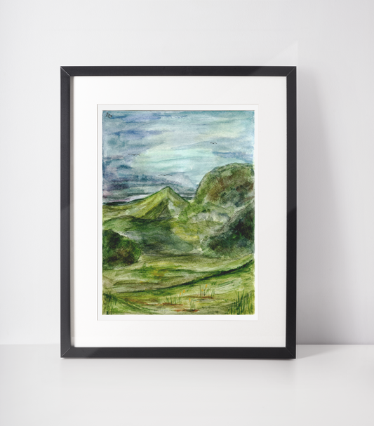 Tranquil watercolor painting depicting rolling green hills under a clear blue sky, with soft clouds drifting overhead, evoking a sense of peaceful countryside scenery.