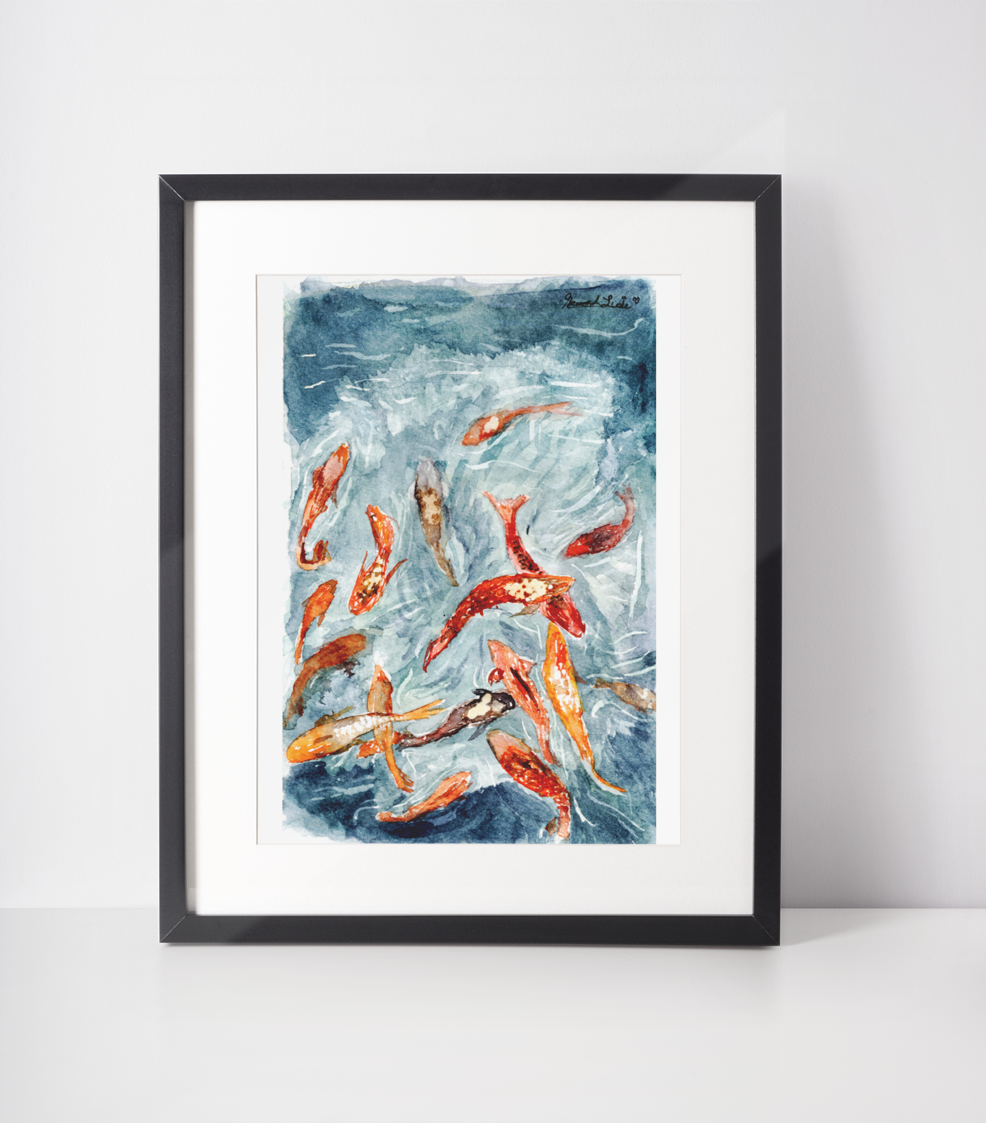 Vibrant watercolor painting of a pair of graceful koi fish swimming in a serene pond, surrounded by reflections of dappled sunlight.